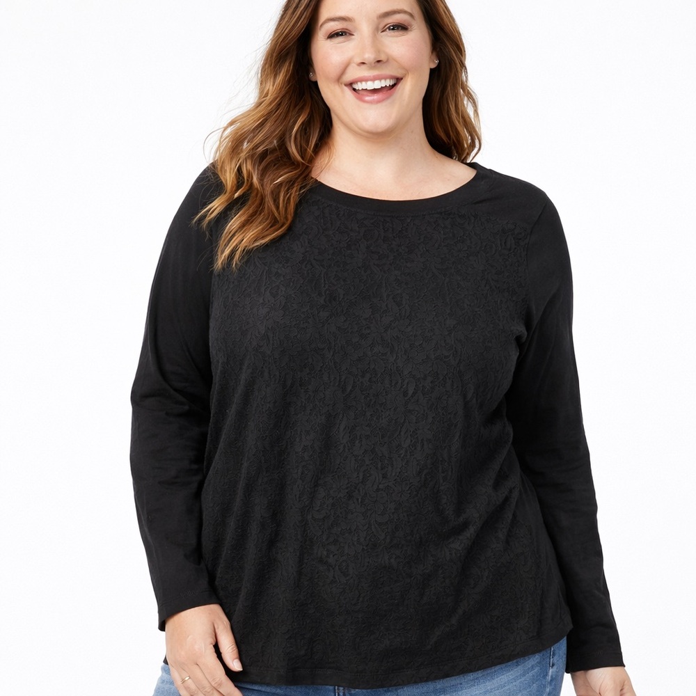 Talbots black cotton long sleeved tee with lace front. Size L H4